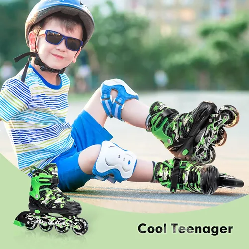Miniatura 5 de Kuxuan Patines en línea ajustables para niños con ruedas iluminadas, divertidos patines iluminadores para niños, niñas y jóvenes Verde