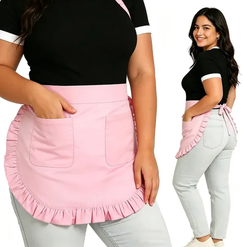 Miniatura 3 de Love Potato Delantal de cintura de moda con bolsillos para cocina, cocina, restaurante, medio delantal de algodón para mujeres y niñas, Rosado