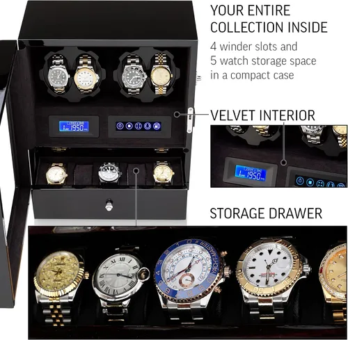 Miniatura 6 de Enrolladora de 4 relojes con 5 espacios de almacenamiento para relojes, pantalla LCD, control táctil y retroiluminación