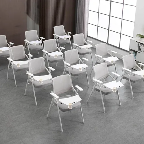 Miniatura 4 de Silla de oficina de malla con escritorio adjunto para adultos, silla plegable ergonómica con tablero de escritura, respaldo de marco de metal