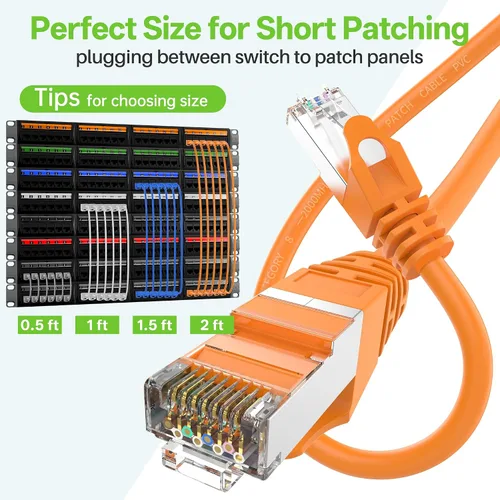 Miniatura 4 de Cable Ethernet Cat8 de 0.5 pies, paquete de 6 cables de red LAN blindados S/FTP, 40 Gbps 2000 MHz de alta velocidad, ideal para salas de servidores