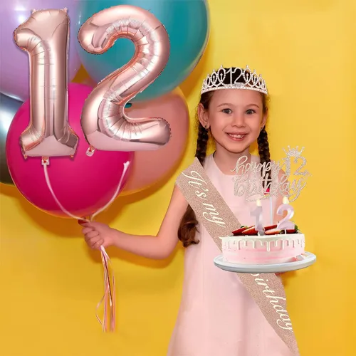 Miniatura 3 de Decoraciones de cumpleaños de 12 años para niñas, que incluyen adorno para pastel de 12 años, banda de reina del cumpleaños con alfiler de perla