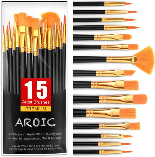 AROIC Juego de pinceles de pintura acrílica, 1 paquete/15 pinceles de pintura acrílica de pelo de nailon, pincel de pintura de cara de roca de