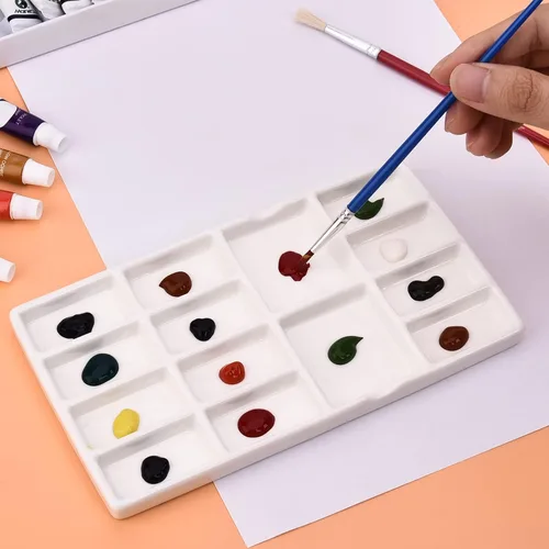 Miniatura 3 de Paleta de pintura de cerámica de 8 pulgadas 14 Wells Artist, rectangular de cerámica de 14 pozos, color blanco