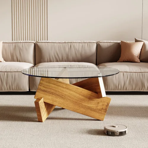 Miniatura 5 de Honyee Mesa de café redonda moderna, 78 cm x 78 cm x 41 cm con tapa de cristal templado para sala de estar, Color: Madera natural