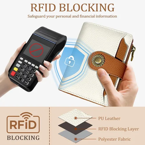 Miniatura 3 de Icycay Cartera pequeña para mujer, plegable con bloqueo RFID, soporte para tarjetas de crédito, bolsillo con cremallera para monedas, piel