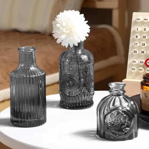Miniatura 3 de 20 piezas de jarrones de vidrio negro para brotes - Juego de jarrones grises pequeños para flores, estilo vintage, lindos jarrones de vidrio a Negro