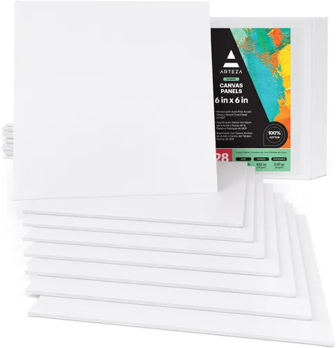 ARTEZA Tableros de lienzo para pintura, 6 x 6 pulgadas, paquete de 28, paneles de lienzo pequeños blancos en blanco para pintura acrílica, óleo y