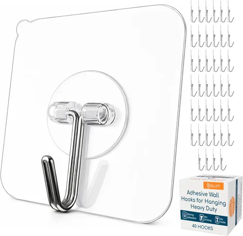 Miniatura 16 de GLUIT Ganchos adhesivos grandes de pared para colgar ganchos resistentes de 22 libras para paredes sin daños, ganchos adhesivos transparentes