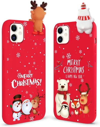Miniatura 21 de Paquete de 2 fundas navideñas lindas para iPhone 13 Pro, patrón rojo 3D de muñeco Papá Noel muñeco de nieve Feliz Navidad de silicona suave TPU