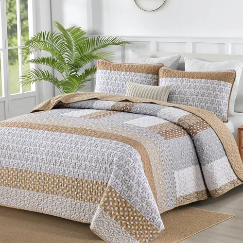 Miniatura 16 de WONGS BEDDING Juego de edredón beige tamaño individual, juego de edredón de rayas bohemias de 3 piezas, juego de colcha acolchada de microfibra