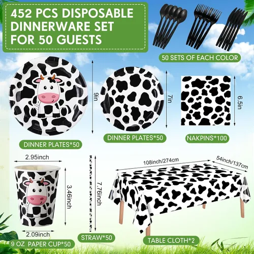 Miniatura 3 de Potchen 452 piezas temáticas de suministros de fiesta para 50 invitados, platos de papel, servilletas, vasos, manteles, cubiertos y pajitas