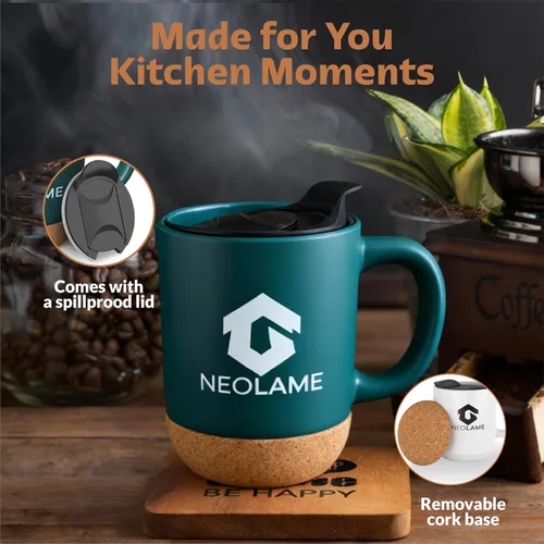 Miniatura 3 de NeoLame - Taza de café de cerámica con fondo de corcho y a prueba de derrames, taza de café reutilizable para el hogar o el trabajo, conservación