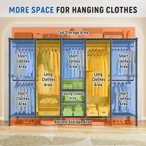 Miniatura 2 de Raybee Perchero de ropa resistente de 88.2 pulgadas de ancho, para colgar ropa, extra ancho, portátil, cargas de armario, 1200 libras, estante Negro