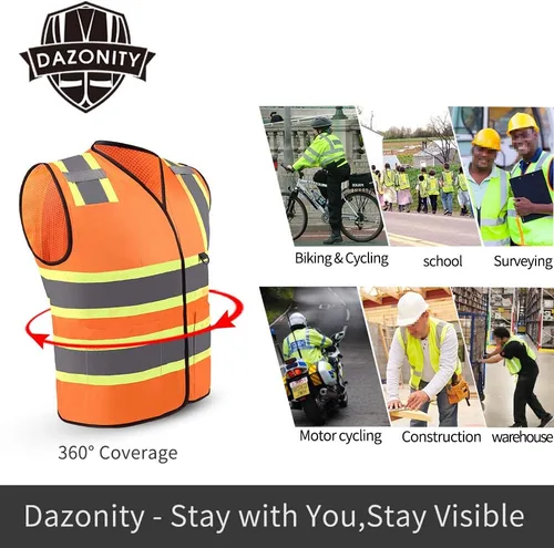 Miniatura 4 de Dazonity Chaleco de seguridad con múltiples bolsillos, 2 piezas, reflectante y de alta visibilidad para el trabajo, construcción, estacionamiento