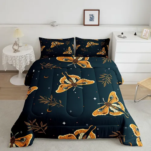 Miniatura 8 de Erosebridal Juego de ropa de cama de calavera gótica, flores mandala, mariposa hippie para niñas y niños, edredón de esqueleto de la muerte de Negro