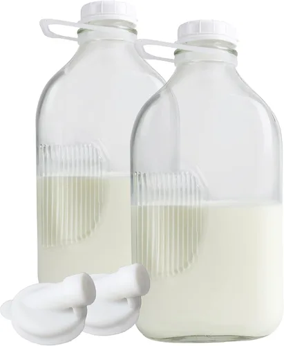 The Dairy Shoppe Botellas de Leche de Vidrio Pesado - Jarras con Tapas y Boquillas Vertedoras de Silicona - Recipientes de Leche Transparentes para