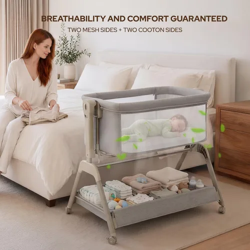 Miniatura 6 de Ezebaby Cuna para bebé al lado de la cama, moisés 3 en 1 con colchón cómodo y ruedas, cuna estable y segura para recién nacido con ajuste de altura