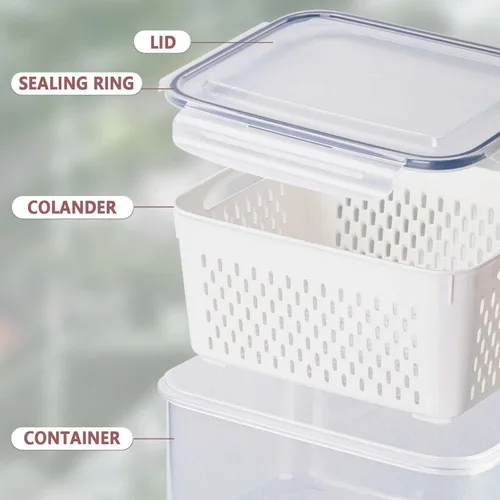 Miniatura 3 de Paquete de 4 recipientes de almacenamiento de alimentos frescos, caja ahorradora de productos de gran capacidad con cestas de drenaje y tapa