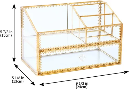 Miniatura 7 de Caja de cristal dorada, bandeja de vidrio, organizador de exhibición de maquillaje en la cómoda, almacenamiento cosmético multifuncional