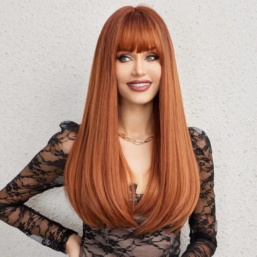 Miniatura 5 de HAIRCUBE Peluca Auburn con Flequillo Cabello Largo con Flequillo Cabello Rojo Apariencia Natural Resistente al Calor Peluca Sintética Juego Diario