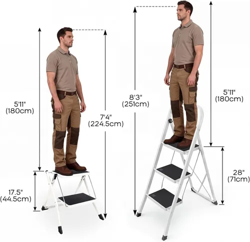 Miniatura 7 de Taburete plegable de 2 escalones con base antideslizante y pedal ancho, ligero y resistente taburete portátil de 330 libras para cocina, despensa