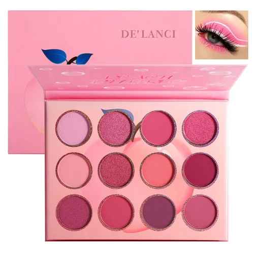 Paleta de sombra de ojos rosa, 12 colores melocotón, mate y brillante, altamente pigmentada, rosa, mini paleta de sombra de ojos, cálida y natural,