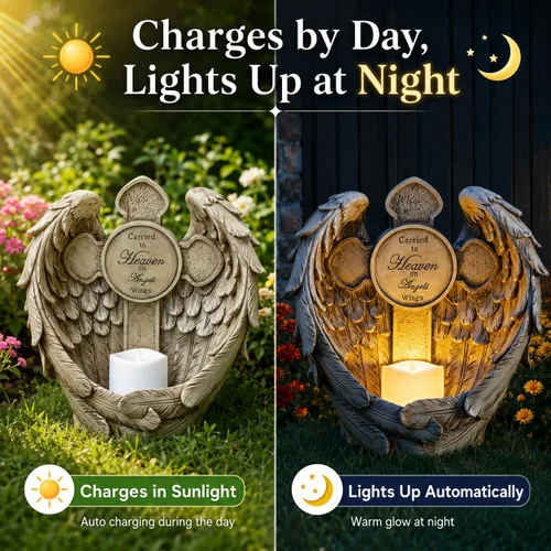 Miniatura 2 de Estatua conmemorativa de alas de ángel solar con vela LED y cruz, decoración de tumbas de resina resistente a la intemperie para cementerio, regalos