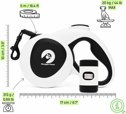 Miniatura 4 de Snuggle Paws - Correa retráctil para perro de 16 pies, todo en uno, con linterna LED, soporte para bolsa de excrementos, cable de acero resistente a