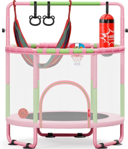 Miniatura 9 de Yohood - Cama elástica de 55 pulgadas para niños con recinto, trampolín para niños pequeños de 6 en 1 para interiores y exteriores, tubo completo