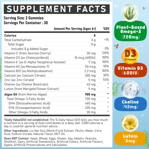 Miniatura 2 de Gomitas Omega 3 para niños, algas Omega3 con colina, luteína, vitamina D3 B12, calcio, zinc para el desarrollo cerebral de los niños, ojos, energía