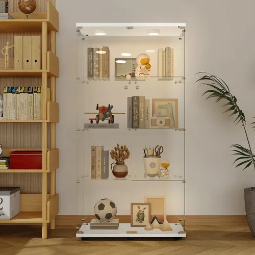 Miniatura 29 de Vitrina de cristal con 4 estantes con tira de luces LED y cerradura, vitrina de vitrina con ruedas y 1 puerta, vitrina de vidrio templado para sala