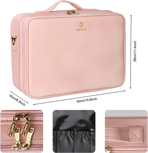Miniatura 6 de Relavel - Estuche de maquillaje grande, bolsa de maquillaje profesional, estuche de tren de 16.5 pulgadas, organizador de cosméticos de viaje, Rosa