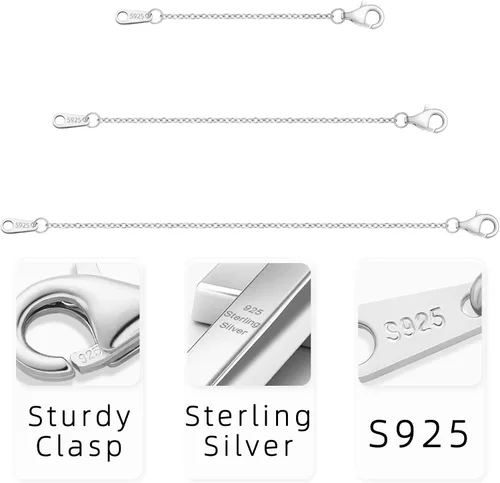 Miniatura 4 de Extensor de collar de plata de ley 925, extensores de cadena para collares de 2 pulgadas, 3 pulgadas, 4 pulgadas
