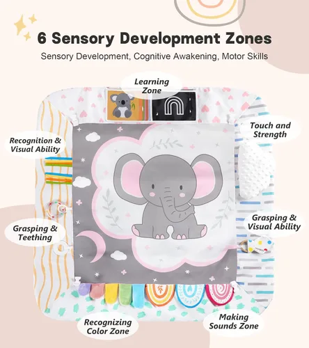 Miniatura 3 de Alfombra de juego para bebé, gimnasio de actividades con 6 zonas de desarrollo, 6 juguetes sensoriales desmontables y tarjetas educativas, juego