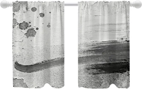 Miniatura 84 de Shrahala Beige and Orange Abstract Art Brushstrokes Blackout Curtain Tiers, Abstract Oil Paint Kitchen Valance Light Blocking Tier Drapes with Rod