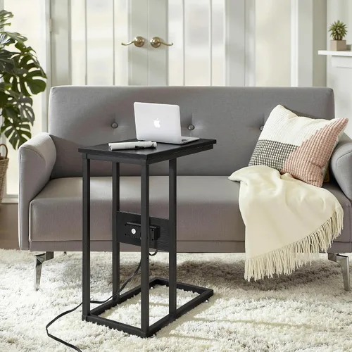 Miniatura 2 de VECELO Mesa auxiliar en forma de C con estación de carga y tomas de corriente para sofá, cama, bandeja de TV con marco de metal para sala de estar