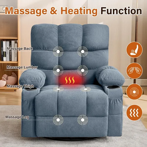 Miniatura 4 de Silla reclinable giratoria para adultos, reclinable de gran tamaño con masaje por vibración y calor lumbar, mecedora ergonómica con bolsillo