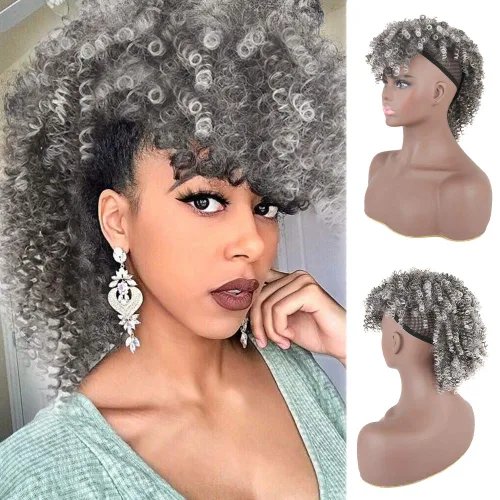 Miniatura 12 de Aisaide Cola de caballo afro Mohawk alta con flequillo sin cordón, extensión de cola de caballo corta rizada sin cordón, clip sintético en moño