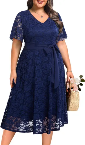 Miniatura 3 de Vestido midi de manga corta con encaje para mujer, talla grande, para despedida de soltera, invitada de boda, cóctel, semiformal, cuello en V