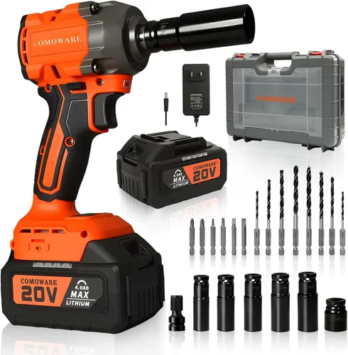 COMOWARE Llave de impacto inalámbrica de 650N.m (480 ft-lb), pistola de impacto de alto par sin escobillas de 1/2 pulgada, batería de 20 V 4.0 Ah y