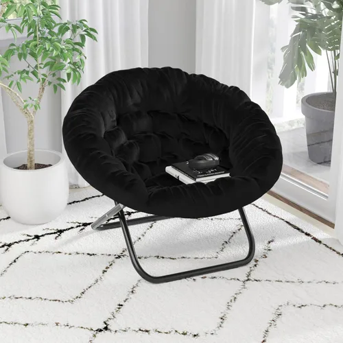 BizChair Silla plegable de gran tamaño, silla de luna de piel sintética negra, marco de metal negro, silla plegable portátil de 38 pulgadas, para