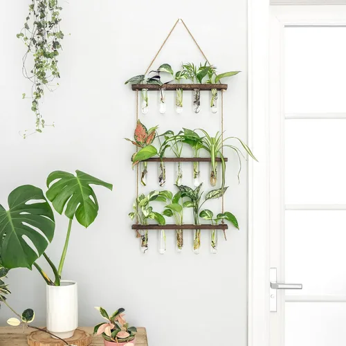 Miniatura 5 de Mkono Tubos de propagación de plantas, terrario colgante de pared de 3 niveles con soporte de madera, mini tubo de ensayo, florero de flores, Marrón