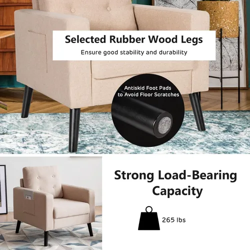 Miniatura 6 de Giantex Silla decorativa moderna, sillón tapizado de mediados de siglo con patas de madera de goma, tela de lino patentada, sofá individual