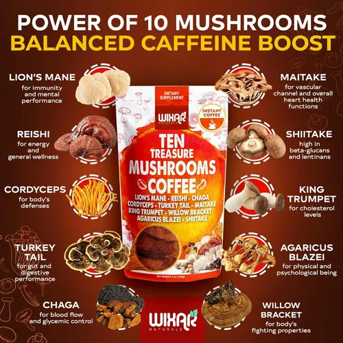 Miniatura 2 de Wixar - Mezcla de café de hongos, extracto de diez hongos del tesoro, café instantáneo en polvo con melena de león, cola de pavo, reishi, chaga