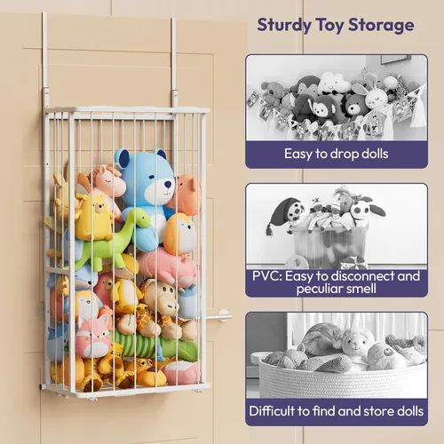 Miniatura 8 de SWTYMIKI Almacenamiento de animales de peluche colgantes, organizador grande de juguetes de peluche, montado en la pared o en esquina para Blanco