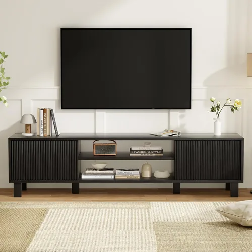 Miniatura 5 de Wood TV Stand for 65+ Inch TV, Boho Television Stand with Natural Rattan Sliding Doors & Adjustable Shelves, Entertainment Center Media Console for