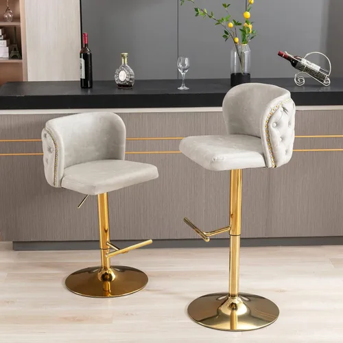 Miniatura 15 de Juego de 2 taburetes de bar de cuero, taburetes de bar giratorios de altura ajustable con botón trasero copetudo y patas de metal cromado dorado