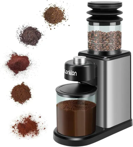 Molinillo de café, Lonkion Molinillo de café cónico con 25 ajustes de molienda para 12 tazas, uso doméstico, diseño de gran capacidad, acero
