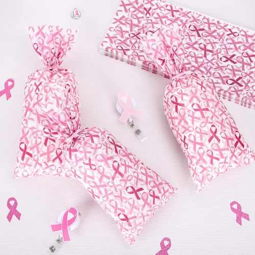 Miniatura 3 de Whaline 150 bolsas de regalo de celofán para concientización sobre el cáncer de mama con 200 lazos torcidos, bolsas de regalo de cinta rosa, bolsas
